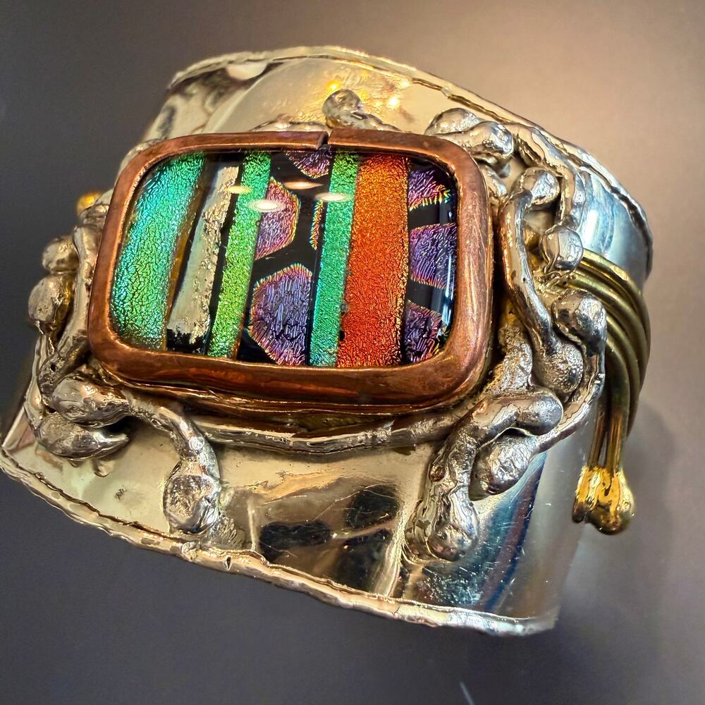 Mixed Metal Brutalist Dichroic Glass Cuff Bracelet Modernist Brass Copper Silver